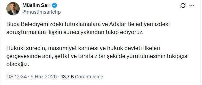 CHP'li Sarı: Buca ve Adalar belediyelerimizdeki süreci yakından takip ediyoruz