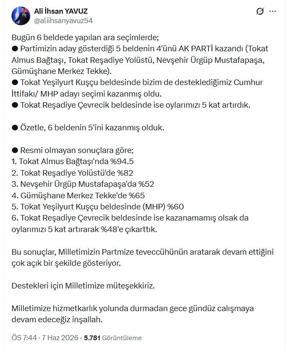 AK Partili Yavuz: 6 beldede yapılan ara seçimlerde, 6 beldenin 5'ini kazandık