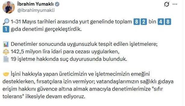 Bakan Yumaklı: Mayısta 82 bin 481 gıda denetimi gerçekleştirdik