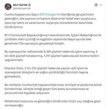 Bakan Gürlek: Mayısta 706 operasyon gerçekleştirildi, 4 bin 606 şüpheli tutuklandı