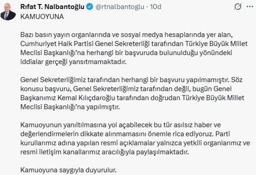 CHP’li Nalbantoğlu'ndan 'TBMM Başkanlığı'na başvuru' açıklaması