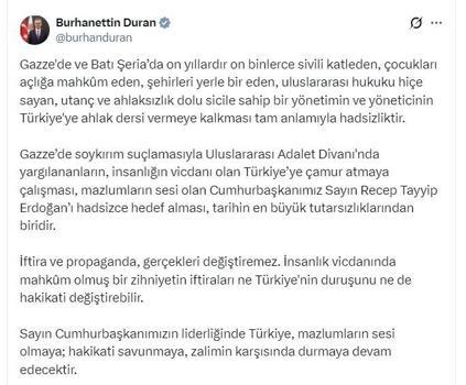 İletişim Başkanı Duran: Gazze'de sivilleri katleden yönetimin Türkiye'ye ahlak dersi vermeye kalkması hadsizliktir