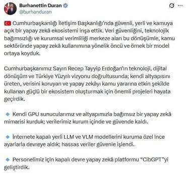 İletişim Başkanı Duran: Kamuda yapay zeka kullanımına yönelik öncü bir model ortaya koyduk