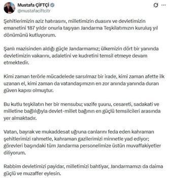 Bakan Çiftçi, Jandarma Teşkilatı'nın kuruluş yıl dönümünü kutladı