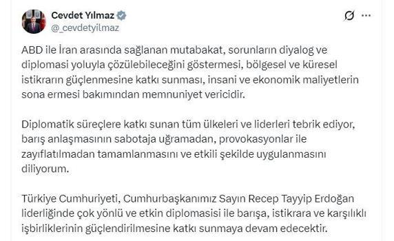 Cevdet Yılmaz: ABD ile İran arasında sağlanan mutabakat, memnuniyet verici