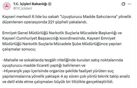 Kayseri merkezli 6 ilde 'uyuşturucu' operasyonu: 221 gözaltı