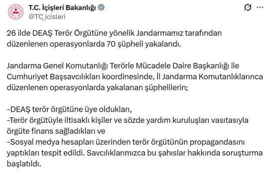 26 ilde DEAŞ operasyonları; 70 şüpheli yakalandı