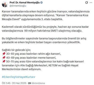 Bakan Memişoğlu: 'Kanser Taramalarına Kısa Mesajla Davet' uygulamasında 3'üncü etabı başlattık