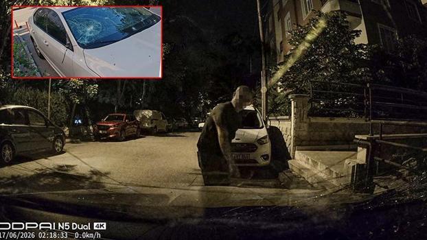 Komşusunun otomobiline tuğlayla zarar verdi, olay araç kamerasına yansıdı