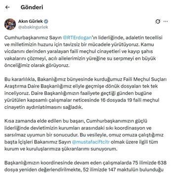 Bakan Gürlek: Faili Meçhul Suçları Araştırma Daire Başkanlığı’nın çalışmalarıyla 19 cinayet aydınlatıldı