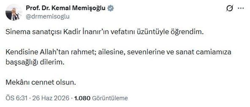 Bakan Memişoğlu'ndan Kadir İnanır için başsağlığı mesajı