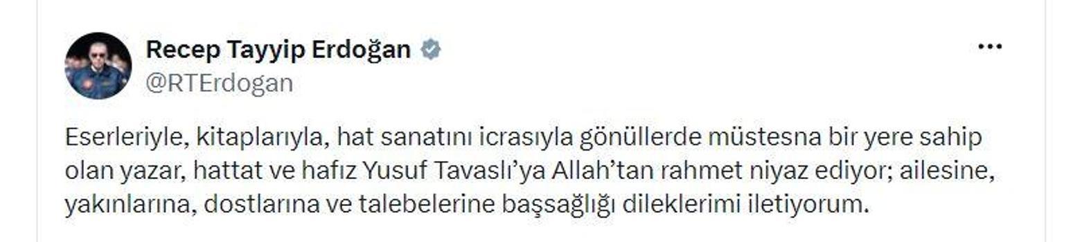 Cumhurbaşkanı Erdoğan'dan yazar Yusuf Tavaslı için taziye mesajı
