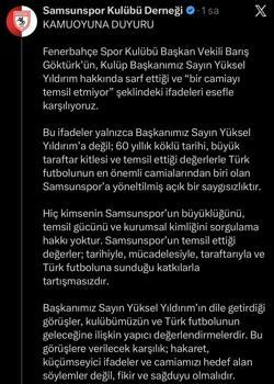Samsunspor’dan, Fenerbahçe Başkan Vekili Barış Göktürk’ün sözlerine tepki