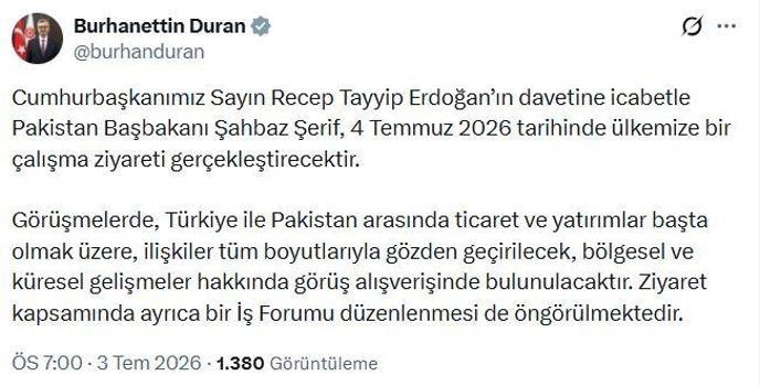 Pakistan Başbakanı Şerif, Türkiye'ye gelecek