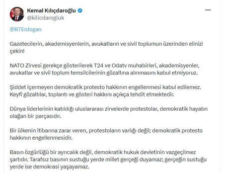 Kılıçdaroğlu: Demokratik protesto hakkının engellenmesi kabul edilemez