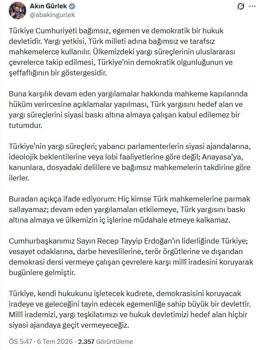 Bakan Gürlek: Türkiye'de yargı süreçleri bağımsız mahkemelerin takdirine göre ilerler