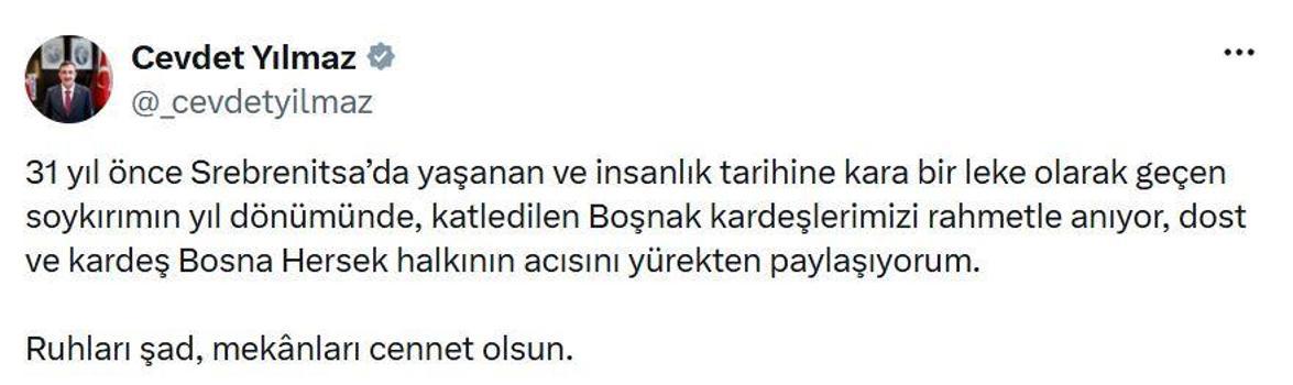 Cevdet Yılmaz, Srebrenitsa Soykırımı'nda hayatını kaybedenleri andı