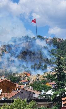 Tarihi Kütahya Kalesi çevresindeki otluk alanda yangın