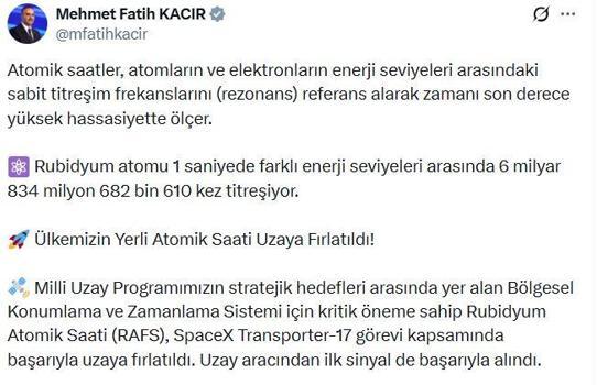 Bakan Kacır: Ülkemizin yerli atomik saati uzaya fırlatıldı