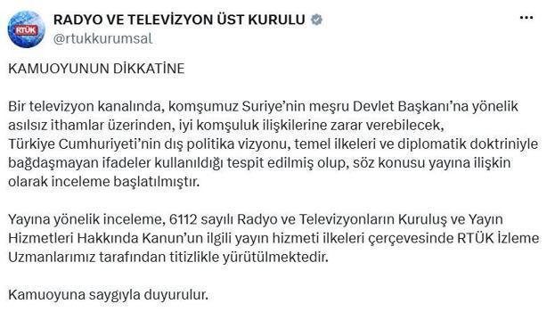 RTÜK'ten Suriye Devlet Başkanı Şara'ya yönelik ithamlara inceleme