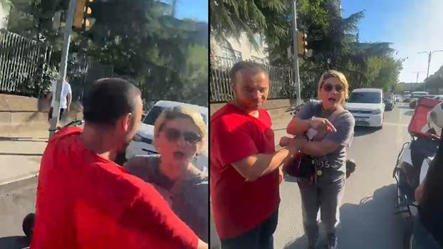 Üsküdar'da motosiklet sürücüsü ile skuterli çiftin kavgası kamerada