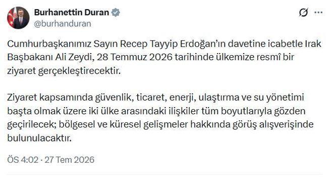 Irak Başbakanı Zeydi, Türkiye'ye gelecek