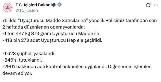 75 ilde uyuşturucu satıcılarına operasyon: 846 tutuklama
