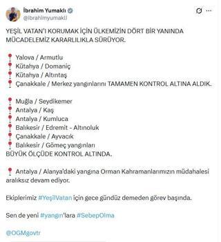 Yalova, Kütahya ve Çanakkale yangınları tamamen kontrol altına alındı