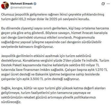 Bakan Şimşek: Turizm sektörünü destekliyoruz