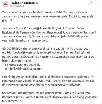 Samsun'da 132 kilo toz esrar ele geçirildi; 1 gözaltı