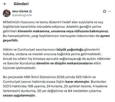 Bakan Gürlek: 84 hakim ve savcı meslekten çıkarıldı