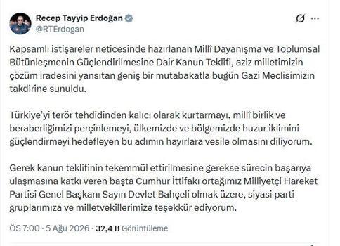 Cumhurbaşkanı Erdoğan: Milli birliğimizi perçinlemeyi hedefleyen bu adımın hayırlara vesile olmasını diliyorum