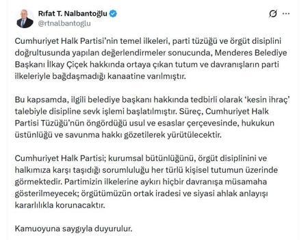 Menderes Belediye Başkanı Çiçek, CHP'den kesin ihraç talebiyle disipline sevk edildi