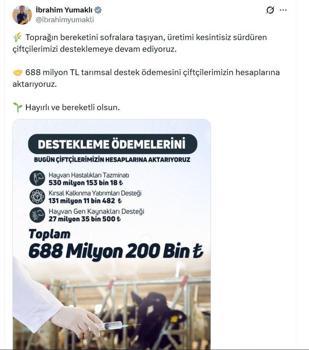 Çiftçilere 688 milyon lira tarımsal destek