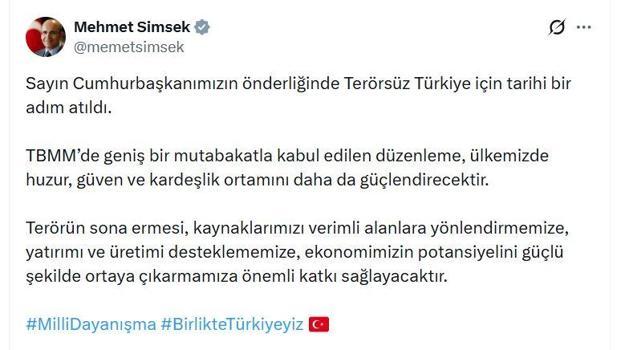 Bakan Şimşek: Terörün sona ermesi, ekonomimizin potansiyelini güçlü şekilde ortaya çıkarmamıza katkı sağlayacak