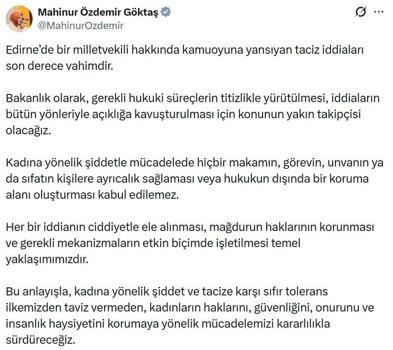 Bakan Göktaş: Milletvekili hakkındaki taciz iddiasının açıklığa kavuşması için konunun takipçisi olacağız