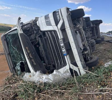 Devrilen buğday yüklü kamyonun şoförü yaralandı