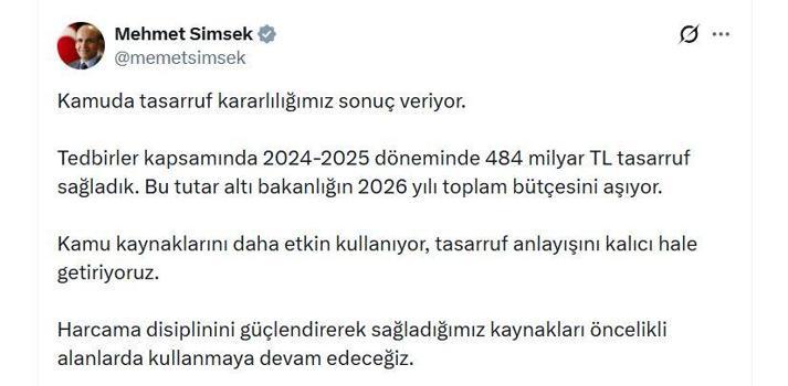 Bakan Şimşek: Kamuda 484 milyar TL tasarruf sağladık
