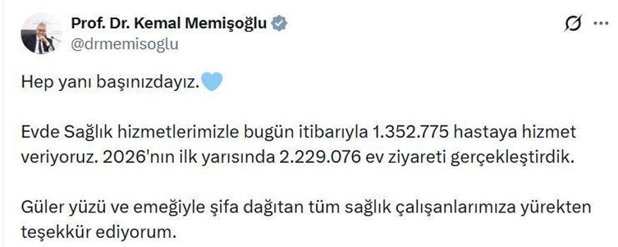 Bakan Memişoğlu: Evde sağlık hizmetlerimizle 1 milyon 352 bin 775 hastaya hizmet veriyoruz