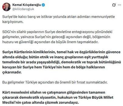 Kılıçdaroğlu: Suriye’de kalıcı barış yolunda atılan adımları memnuniyetle karşılıyorum