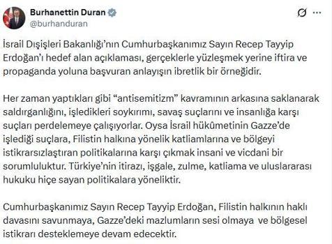 İletişim Başkanı Duran'dan, İsrail'in Cumhurbaşkanı Erdoğan'ı hedef alan açıklamasına tepki