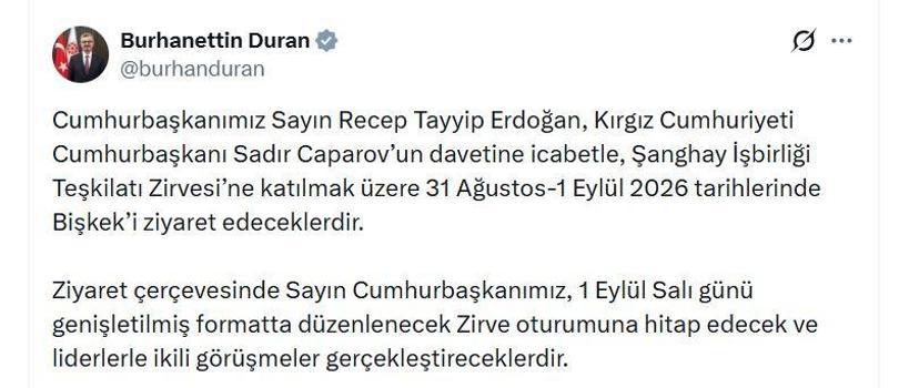 Cumhurbaşkanı Erdoğan, yarın Kırgızistan'a gidecek