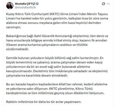 Bakan Çiftçi: En büyük çabamız; kayıp yolcularımızın bir an evvel sağ salim bulunması