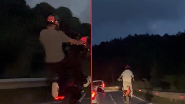 Beykoz’da motosikletlilerin tehlikeli yolculuğu kamerada; tek teker ilerleyip slalom yaptılar