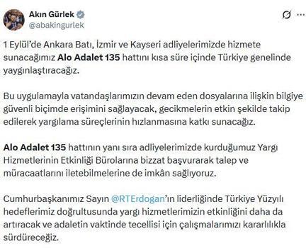 Adalet Bakanı Gürlek: 'Alo Adalet 135' hattını kısa süre içinde Türkiye genelinde yaygınlaştıracağız