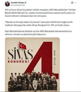 Cevdet Yılmaz'dan 'Sivas Kongresi'nin yıl dönümü paylaşımı