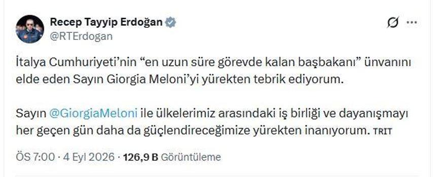Cumhurbaşkanı Erdoğan’dan, İtalya Başbakanı Meloni’ye tebrik mesajı