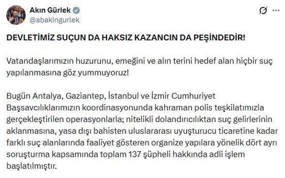 Organize suç yapılarına yönelik 4 ilde 137 şüpheli hakkında işlem başlatıldı