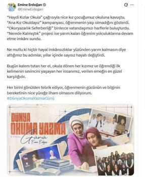 Emine Erdoğan'dan 'Dünya Okuma Yazma Günü' paylaşımı