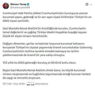 Mansur Yavaş, CHP'nin 103'üncü kuruluş yıl dönümünü kutladı